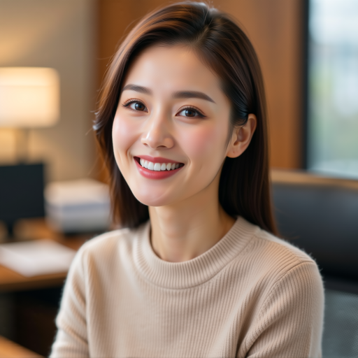 三十岁左右女性头像,长发披肩,穿米色针织衫,表情温柔坚定,暖色调室内背景,自然光线